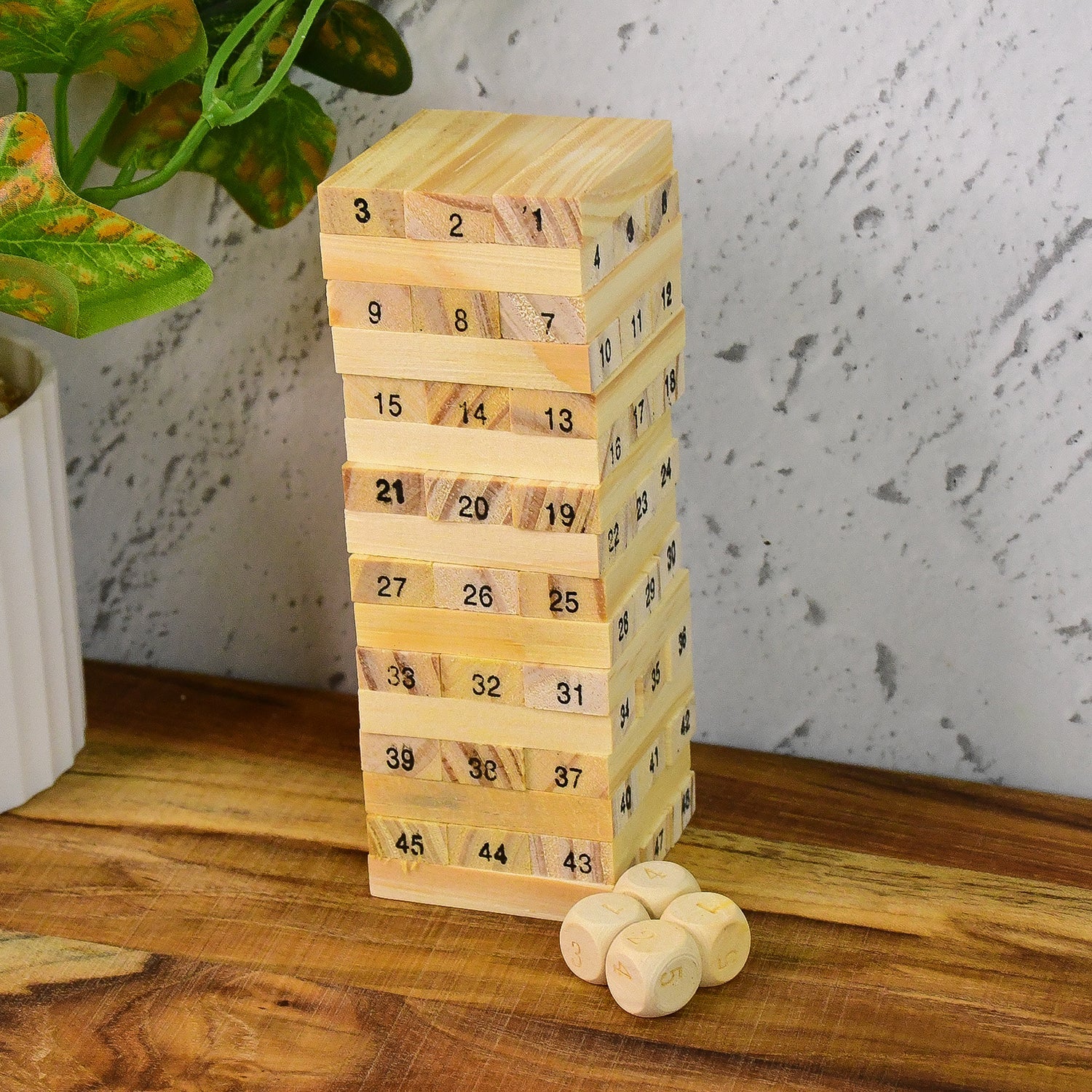 Wooden Tumbling Tower Game – 48 Blocks & 4 Dice Stacking Fun