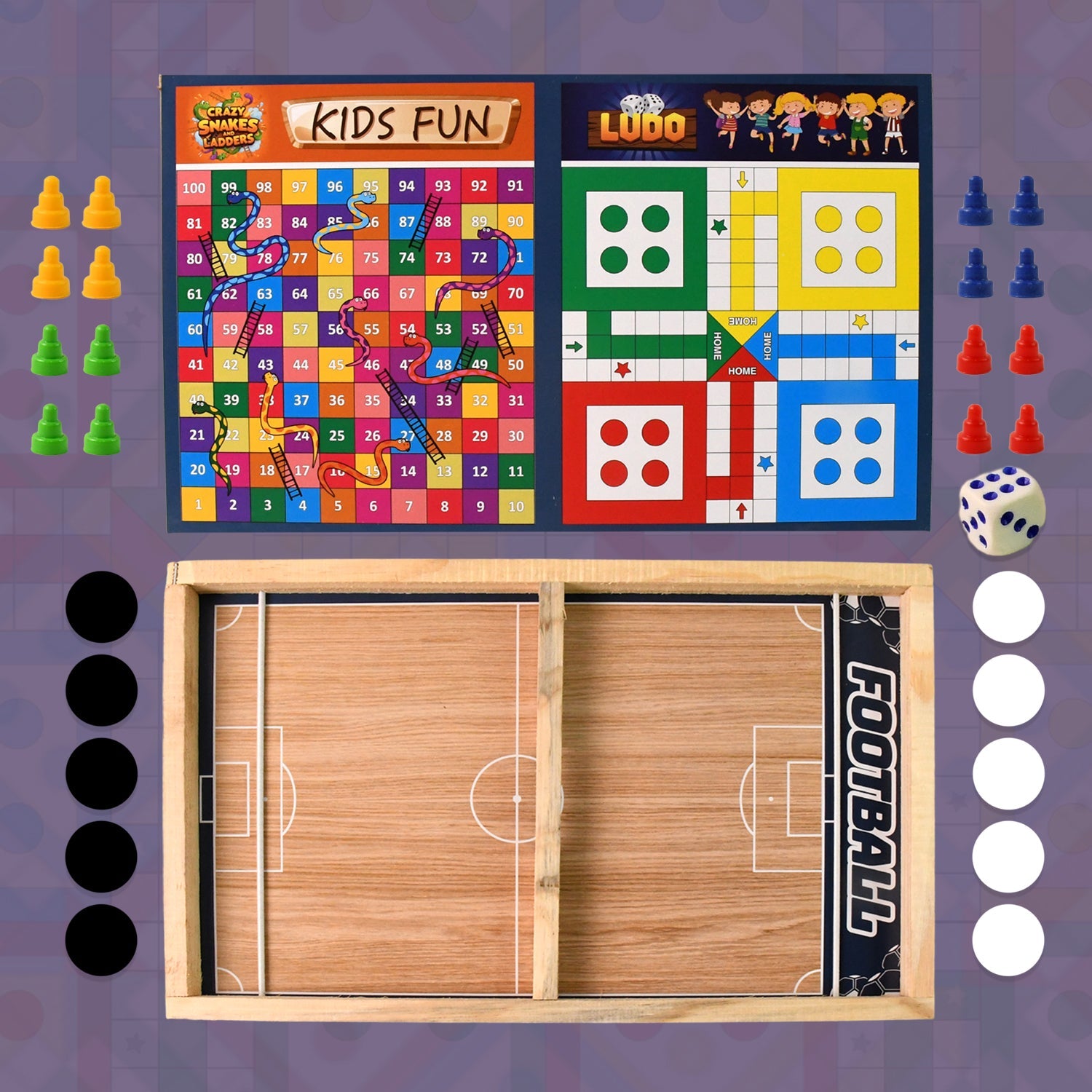 3-in-1 Wooden Board Game – Ludo, Snakes & Ladders, Table Football