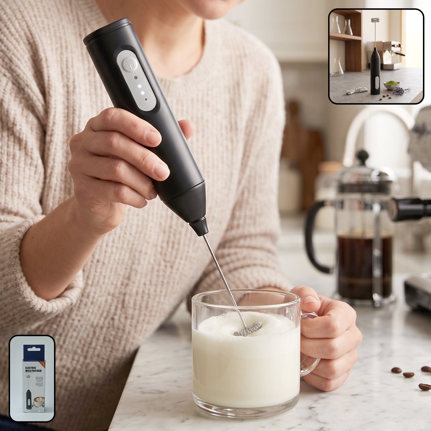 Electric Milk Frother – Rechargeable Handheld Coffee Foam Maker & Whisk