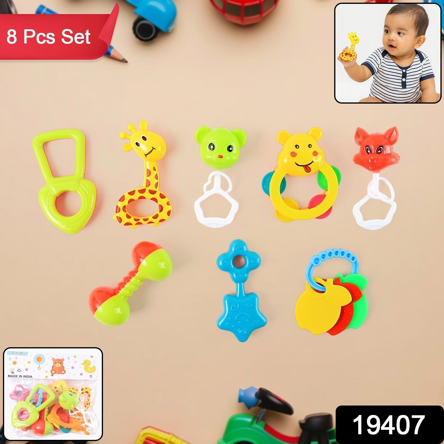 Baby Rattle Set – 8 Pieces of Safe Colorful Toys - 2